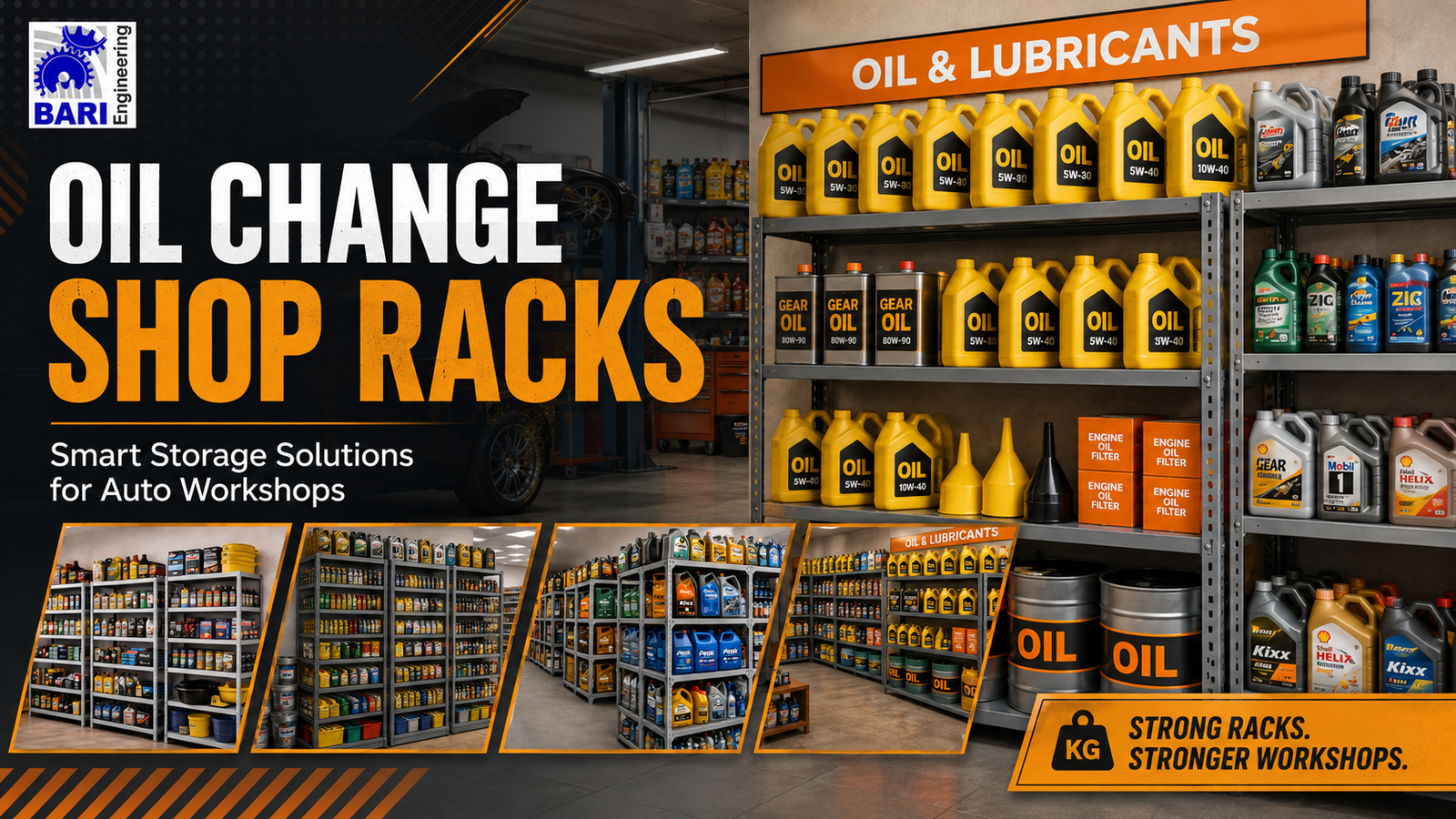 Oil change shop racks with organized motor oil, lubricants, oil filters, and heavy-duty storage shelves for an auto workshop