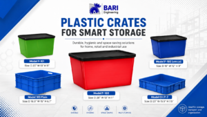 Plastic crates for smart storage by Bari Engineering showing models P-100, P-101, P-102, 103 Plain and CH P-7